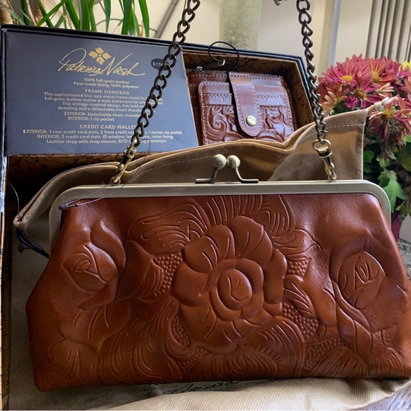 Authentic PATRICIA NASH LEATHER EMBOSSED GRAPE LEAF FRAME CROSB/CLUTCH/WALLET - Picture 9 of 16